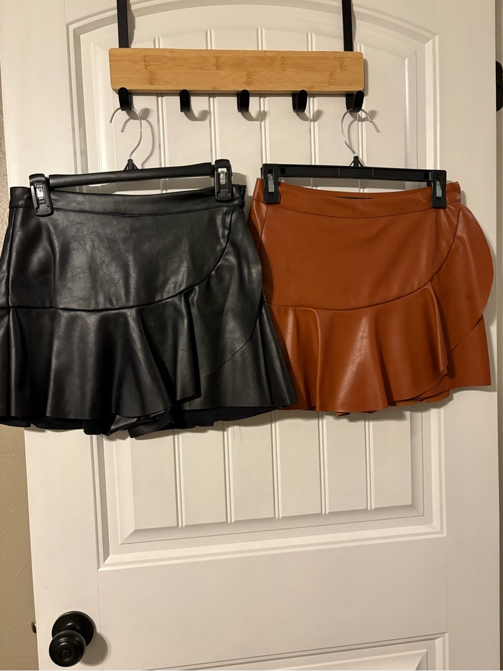 DO+BE Faux Leather Ruffle Mini Skirts - Black & Cognac